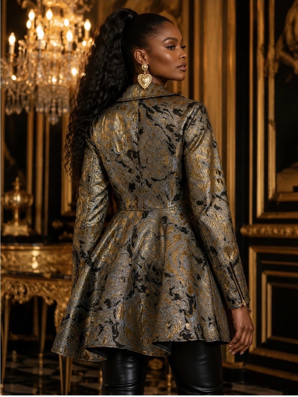 AKIRA Gold and Black Floral Brocade Belted Peplum Jacket - Picture 3 of 6